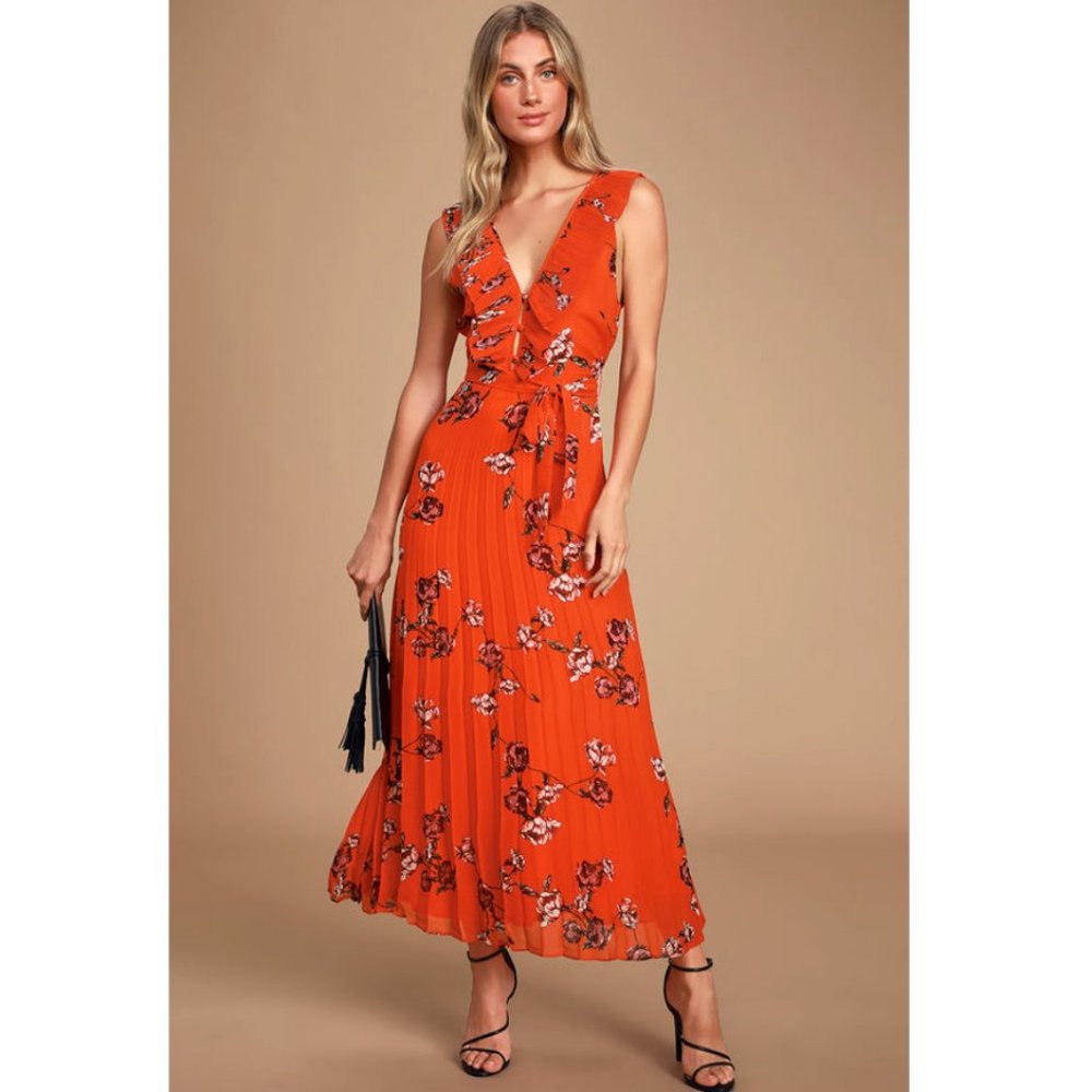 "Loved By You" Red Orange Floral Print Pleated Chiffon Maxi Dress